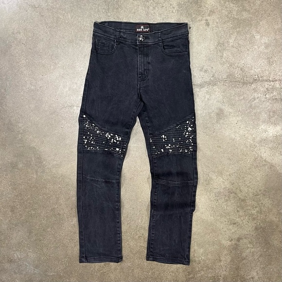 Red Ape Black Ribbed Patches Paint Splatter Jeans - Picture 1 of 9